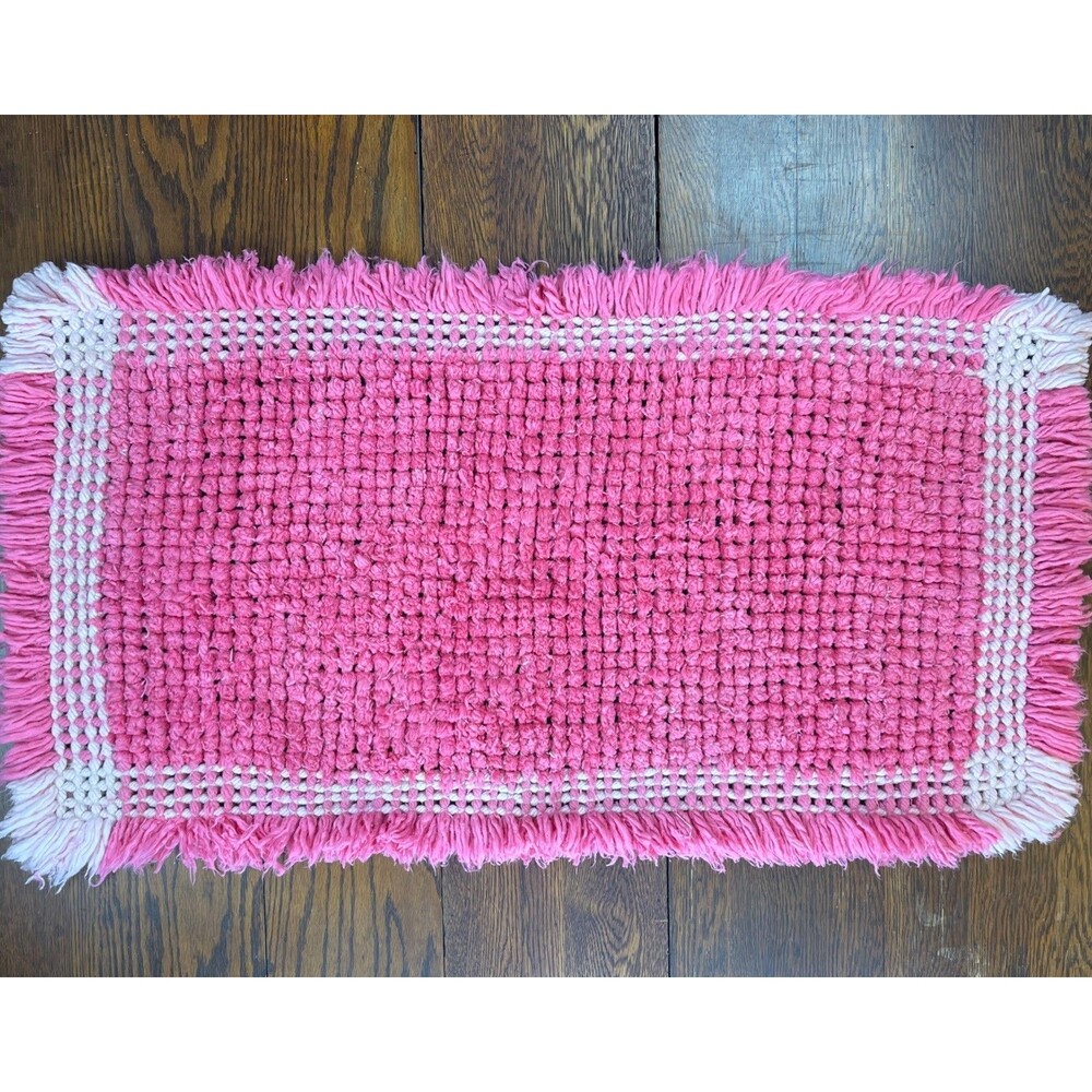 1970s Vintage Pink Handmade Soft Fuzzy Fringe Shag Rug Thick Cottage Core 43x23”